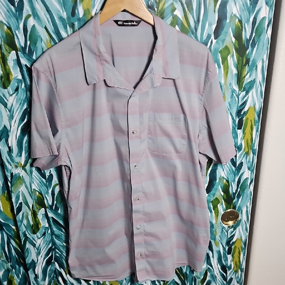 Travis Mathew Men's Casual Shirt - Light Blue and Pink Stripes - Size XL